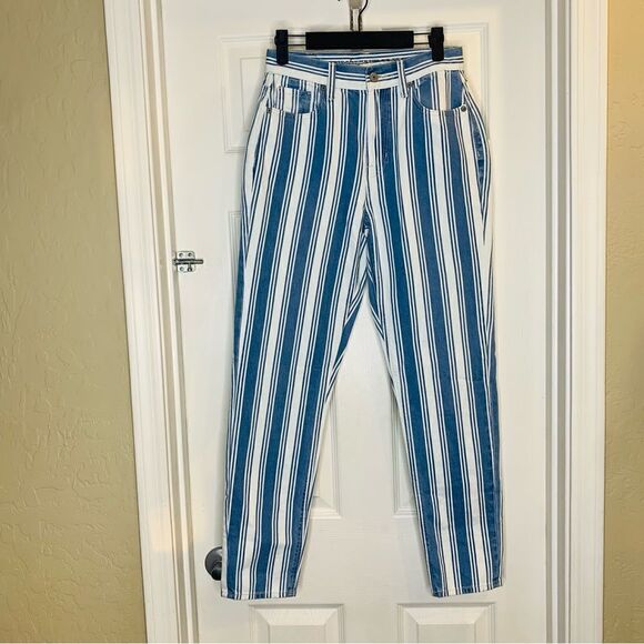 American Eagle Blue & White Striped High Rise Mom Jeans.Size 0 - Picture 1 of 10